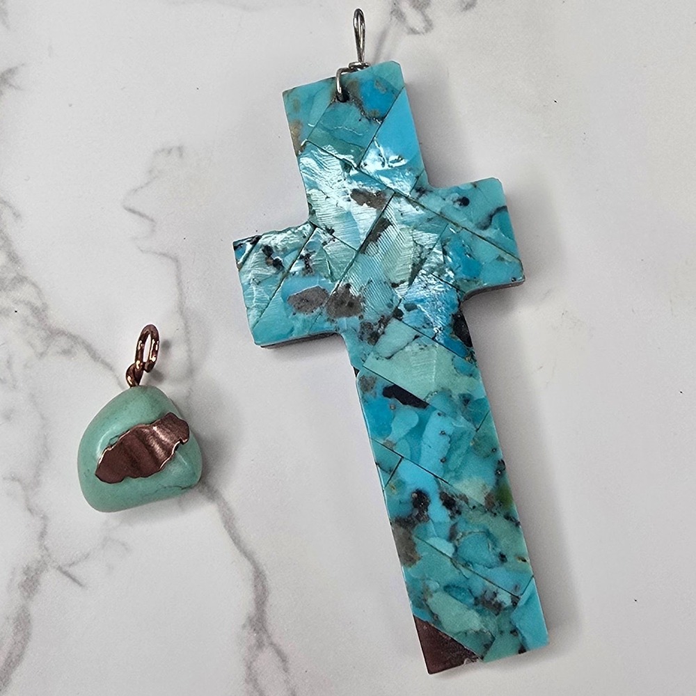 Artisan Signed Mosaic Turquoise Cross Pendant & Tumbled Stone Charm Lot